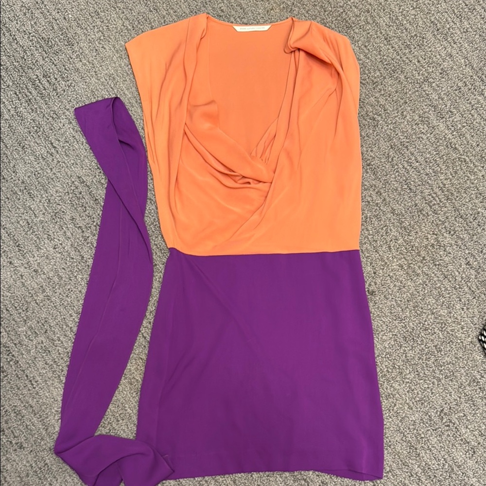 Diane Von Furstenberg Cowl Neck Ruched Mini Dress Orange Purple
